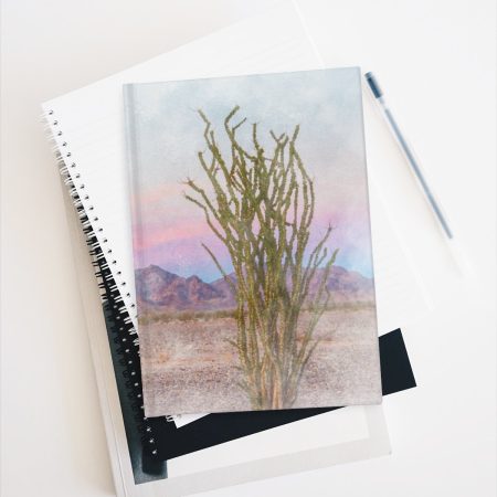 Ocotillo Sunset hardcover journal on stack of books