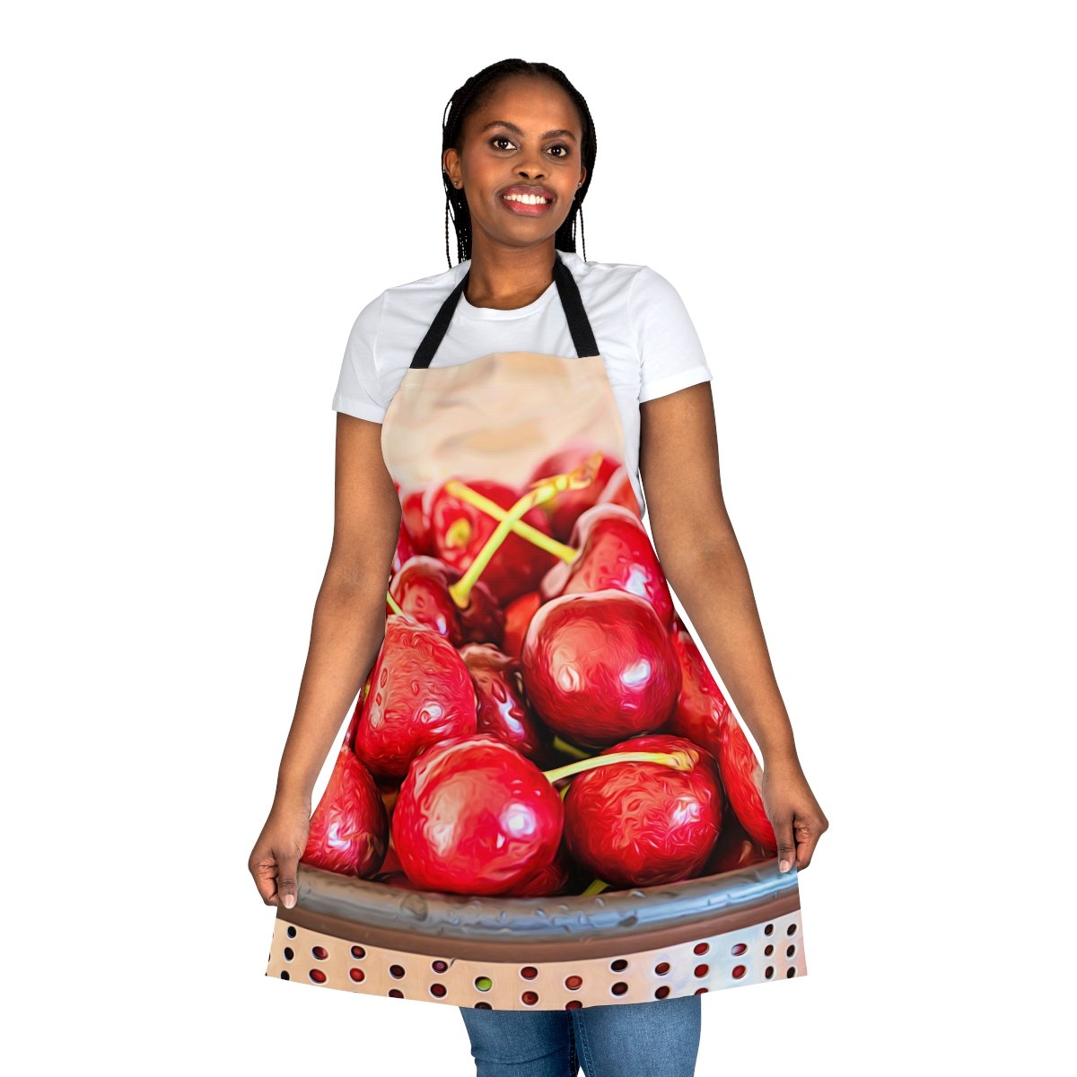 fresh cherries-apron-front view-woman - Val Weston Photographic Art fresh cherries apron worn by woman