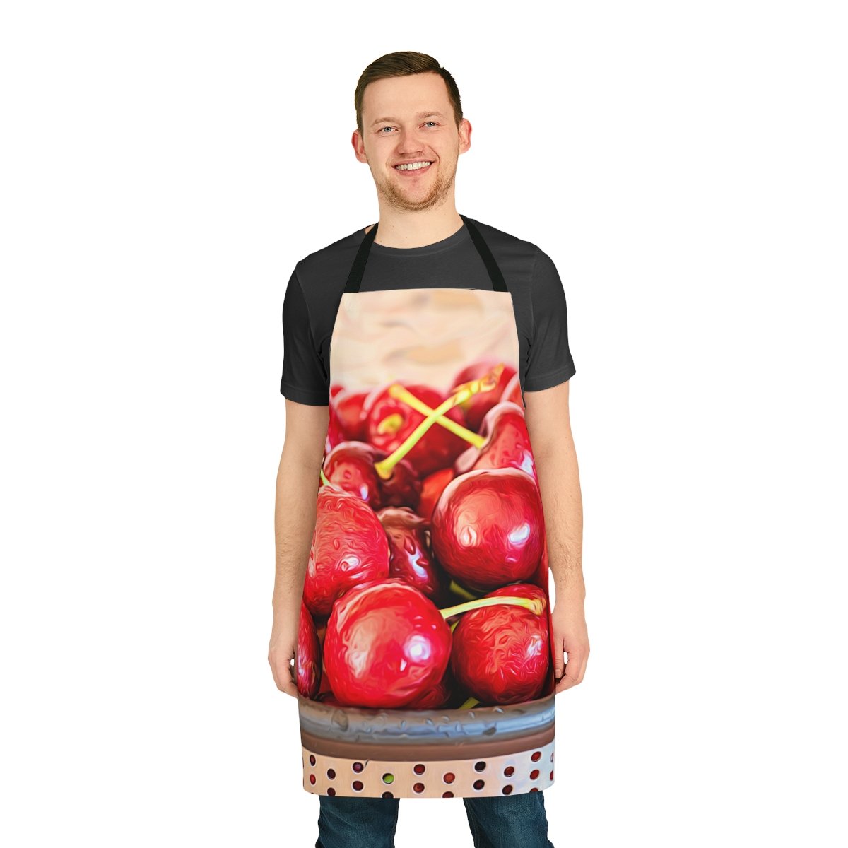 fresh cherries-apron-front view-man - Val Weston Photographic Art fresh cherries apron worn by man