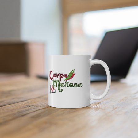 Carpe Mañana coffee mug on table