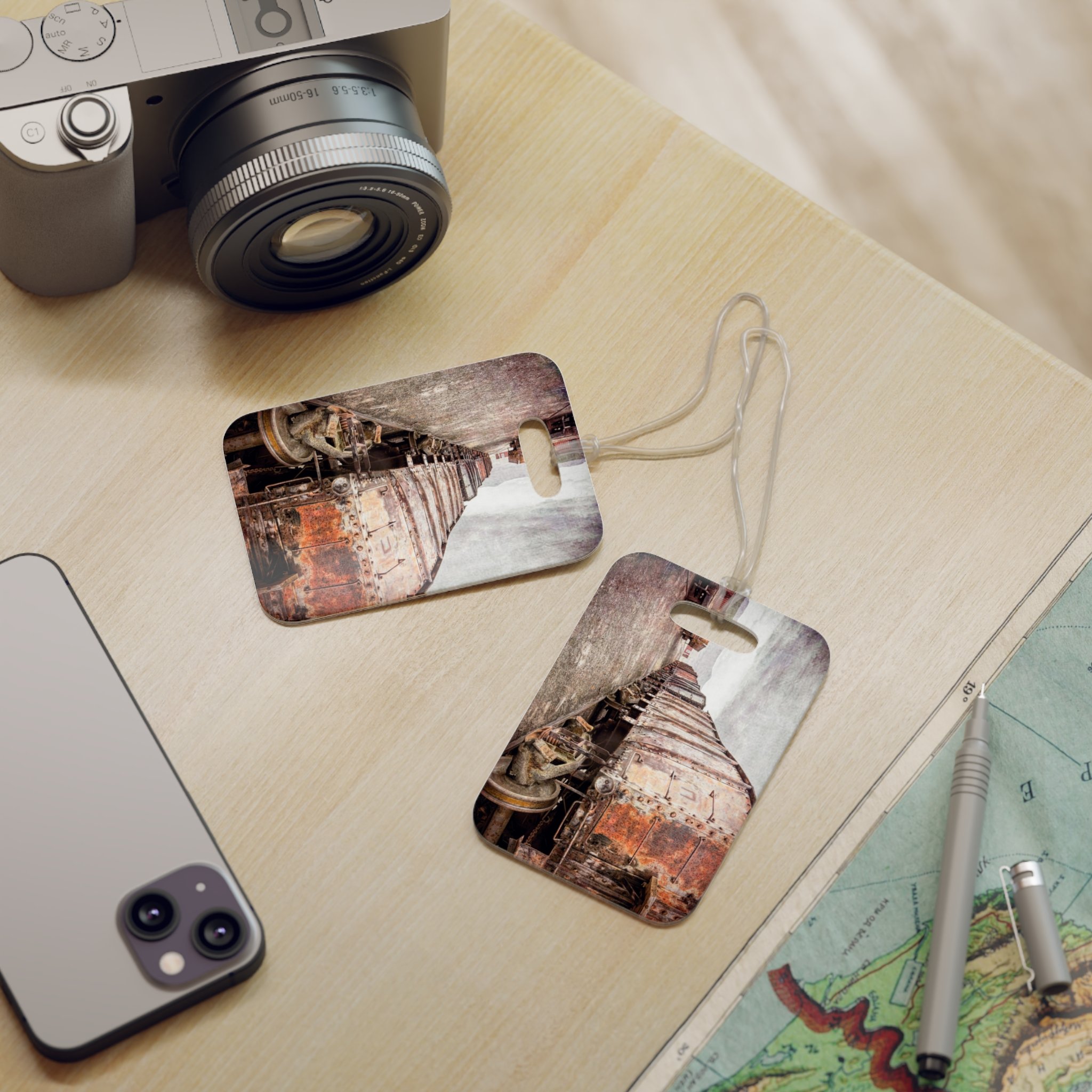 abandoned railcars-bag tag-front and back - Val Weston Photographic Art abandoned railcars bag tag front and back view