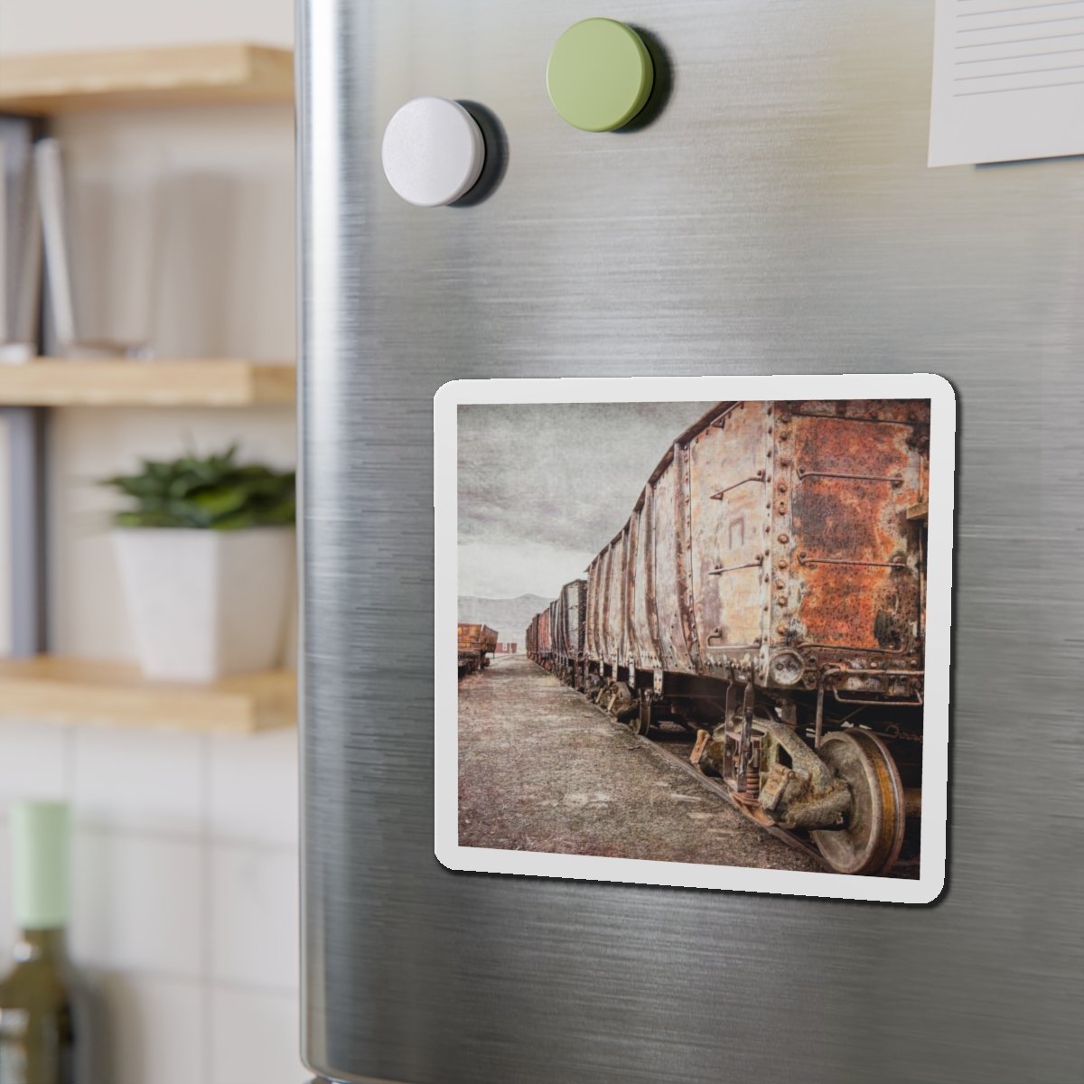 Abandoned Railcars-magnet-5 inch-2 - Val Weston Photographic Art Abandoned Railcars five inch magnet in kitchen
