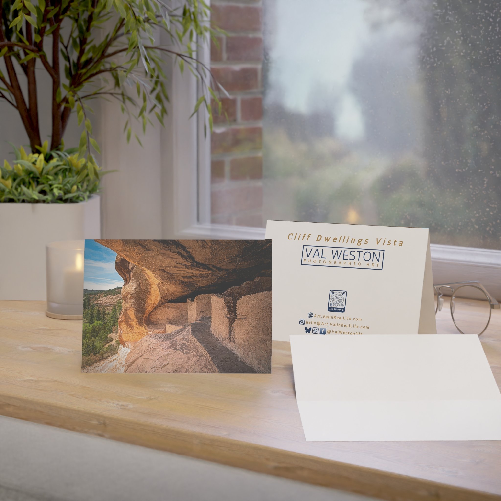 Cliff Dwellings Vista-greeting card-context 1 - Val Weston Photographic Art Cliff Dwellings Vista greeting card showing front, back, and open view