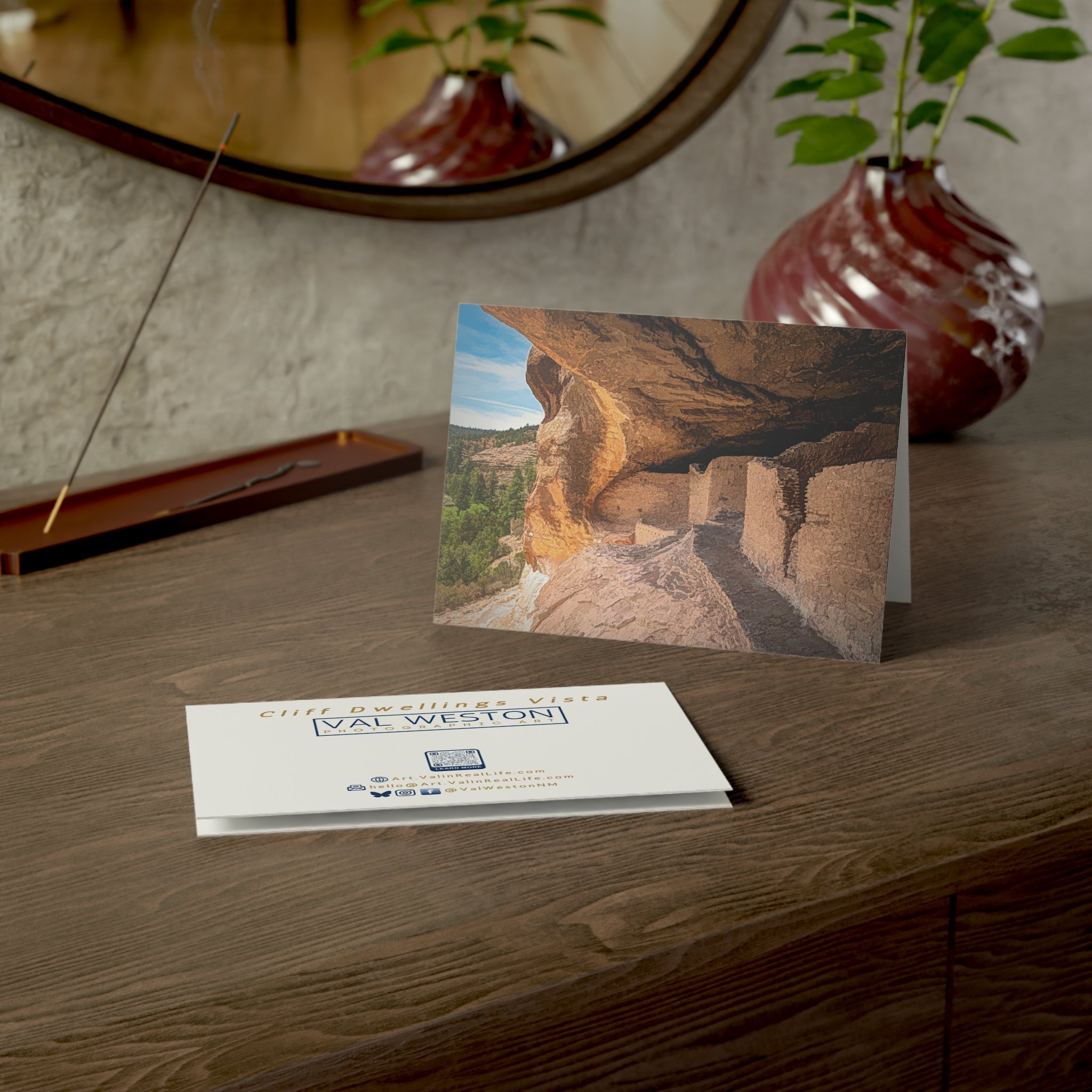 Cliff Dwellings Vista-greeting card-front and back view - Val Weston Photographic Art Cliff Dwellings Vista greeting card front and back view