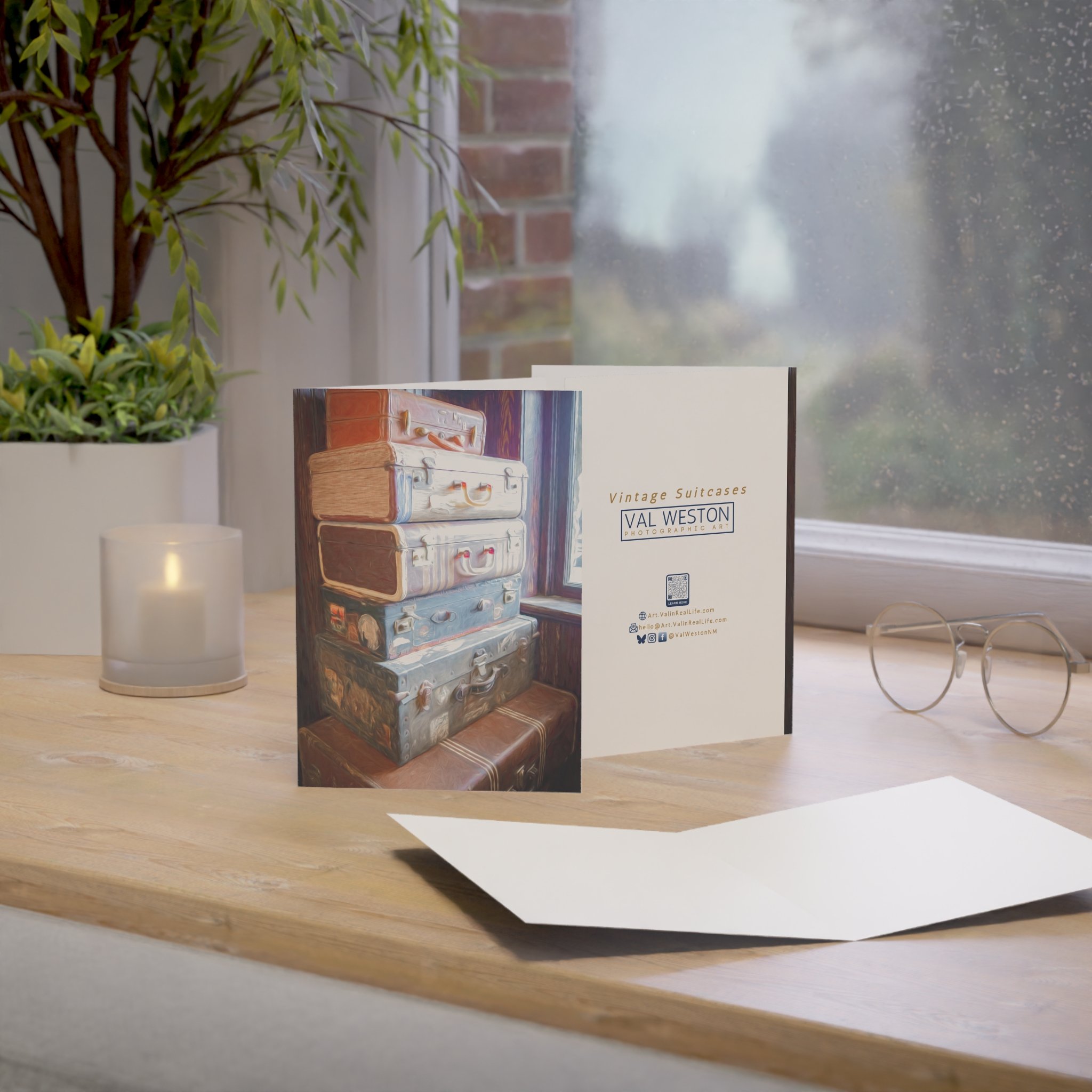 Vintage Suitcases-greeting card-context 1 - Val Weston Photographic Art Vintage Suitcases greeting card showing front, back, and interior view