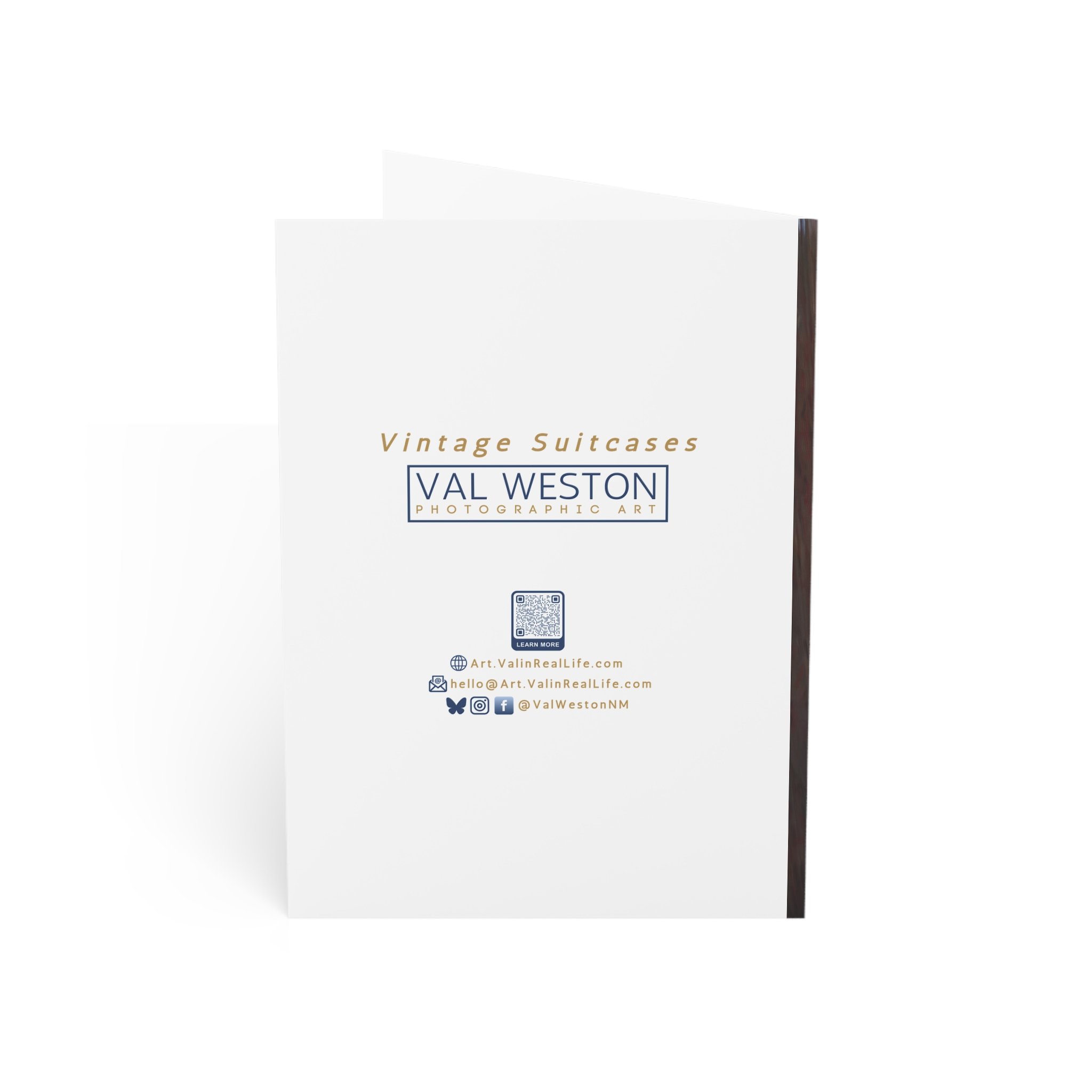 Vintage Suitcases-greeting card-back - Val Weston Photographic Art Vintage Suitcases greeting card back