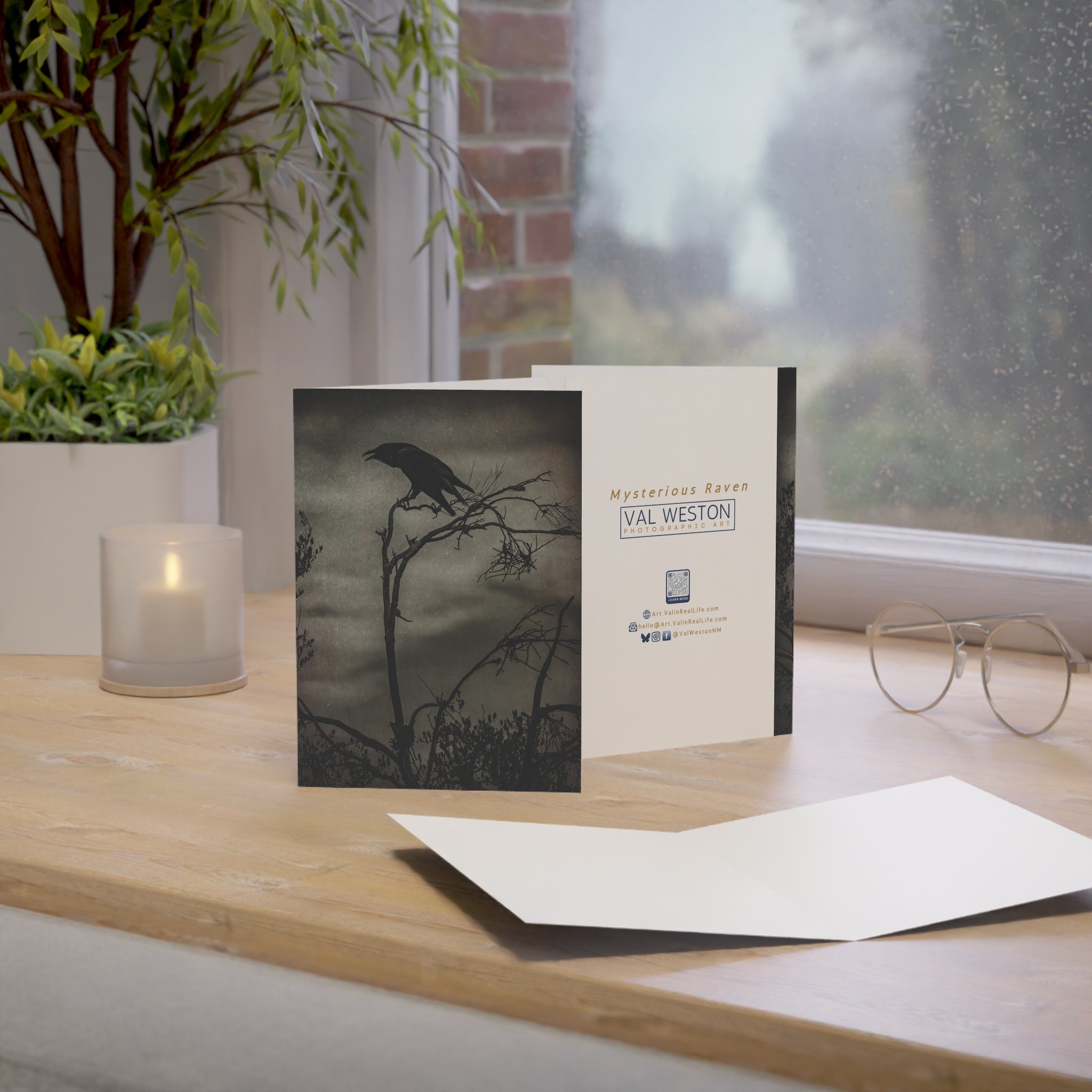 Mysterious Raven-greeting card-context 1 - Val Weston Photographic Art Mysterious Raven greeting card showing front, back, and interior view