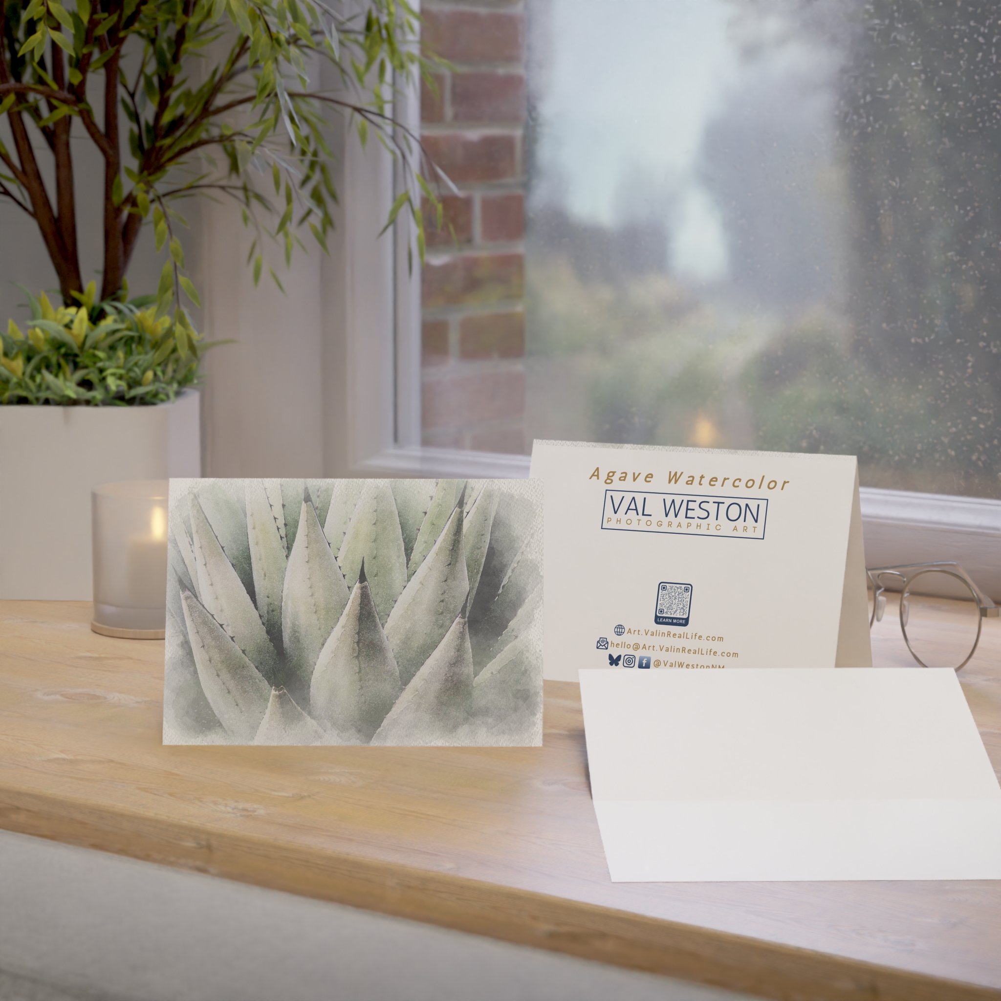 Agave Watercolor-greeting card-context 1 - Val Weston Photographic Art Agave Watercolor greeting card showing front, back, and interior view